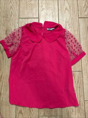 Allegra K Hot Pink Dot Mesh Sleeve Peter Pan Collar Top